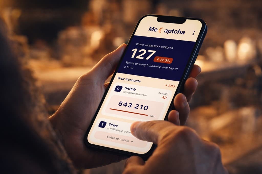 MeCaptcha app on a phone showing Total Humanity Credits and account codes—proving humanity, one tap at a time.