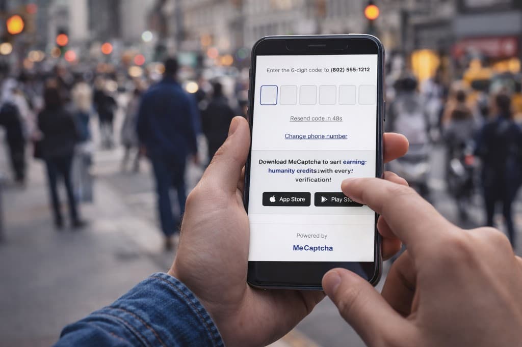 MeCaptcha Verify on a phone: user entering 6-digit code with app download prompt for humanity credits